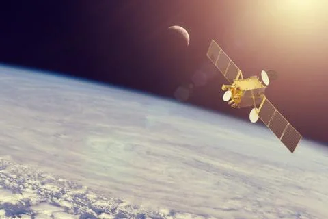 Space communications satellite in orbit around the Earth. Elements of this im Stockfoto's