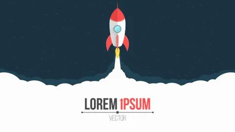 Space concept. A cartoon red rocket flies into open space. Start up in space. Stock Illustration