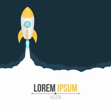 Space concept. A cartoon red rocket flies into open space. Start up in space. Stock Illustration