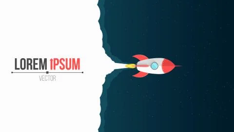 Space concept. A cartoon red rocket flies in open space. Start up in space. B Stock Illustration