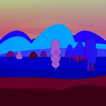 Space cosmic clash palette view of tree-lined field backdrop with foreground Stock Illustration