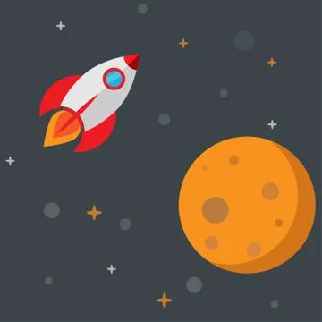 Space cosmic flat style with a planet, a rocket, stars on a gray background Illustrazione stock