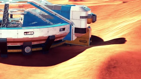 Space craft landing on the surface of a distant planet in a desert area Stock Footage 344957328
