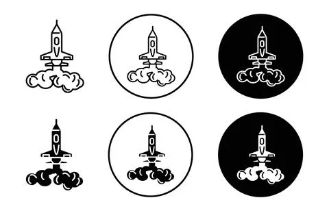 Space craft launch outline line icon set sign for web app Stock Illustration
