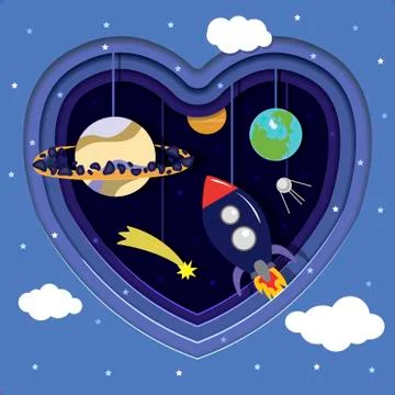 Space cut out of paper with planets, rocket and stars. Heart cut out of paper Stock Illustration