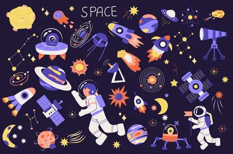 Space cute set in flat cartoon design. Bundle of planet, comet, ufo, rocket Illustrazione stock
