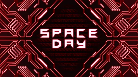 Space Day text with red neon light shines on circuit board with electronic Stock Footage 258729420