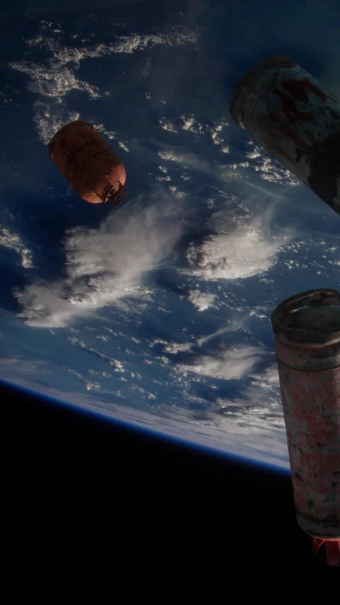 Space debris floating above Earth during the day with clouds visible Stock Footage 344961542