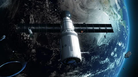 Space debris flying in space in orbit of the earth among the satellite system Stock-Footage 200996858