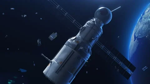 Space debris flying in space in orbit of the earth among the satellite system Stock-Footage 200996887
