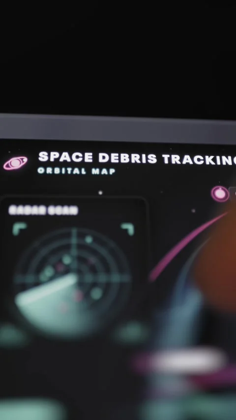 Space debris title introduces mobile orbital map Stock Footage 342498706