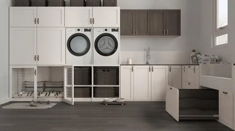 Space devoted to pet, pet friendly laundry room in dark tones with appliances Stock Illustration