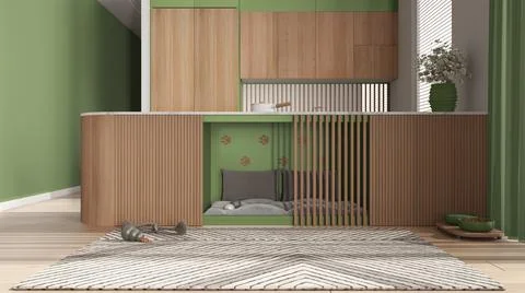 Space devoted to pets, dog friendly wooden and green kitchen. Dog bed inside  イラスト素材