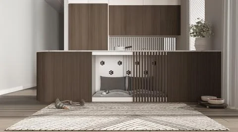 Space devoted to pets, dog friendly wooden and dark kitchen. Dog bed inside c Stock Illustration