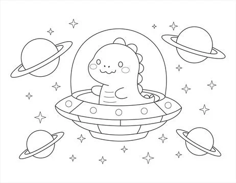 \Space Dinosaur Exploring Galaxy In UFO Spaceship With Planets Outline Colo.. Иллюстрация