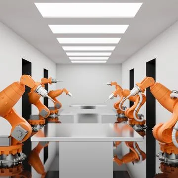 A space for displaying products on a metallic table surface with robotic arms Stock Illustration
