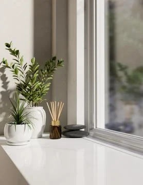 A space for displaying products on a white console table features potted pl.. Stock Photos