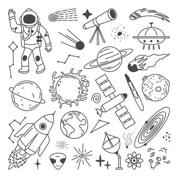 Space doodle elements. Solar system planets, astronaut and rockets. Isolated Stock Illustration