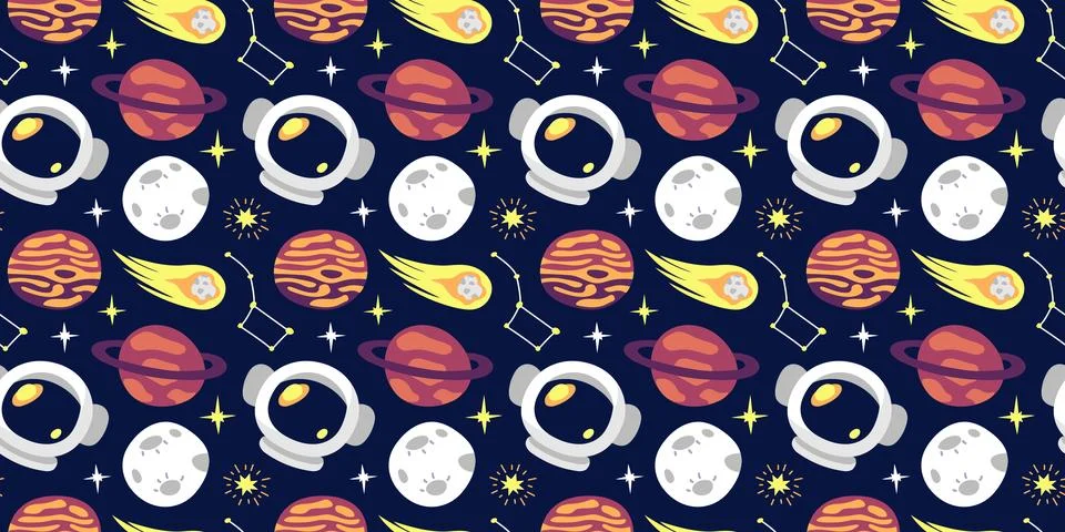 Space Doodle Pattern for Kids design. Astronaut helmet, planets and moon in Stock Illustration
