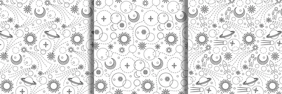 Space Doodle Seamless Patterns set Stock Illustration