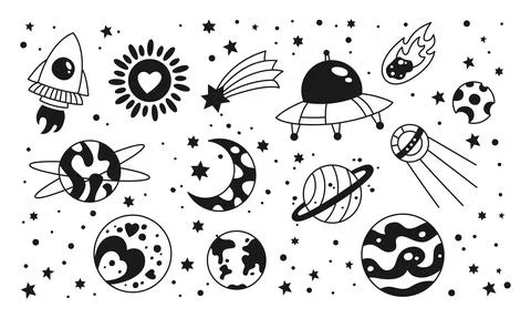 Space doodle sketch set planets rocket spaceship ufo comet star night sky vector Stock Illustration