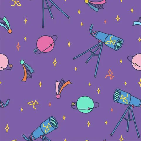 Space doodle with telescope, planets, moon, stars and comets. Outer space Stock Illustration