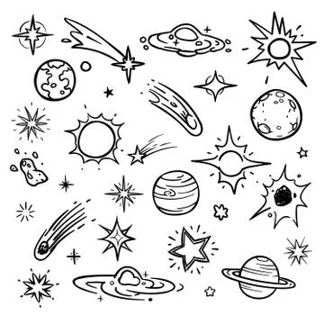 Space doodle vector elements. Hand drawn stars, comets, planets and moon in sky Stock Illustration