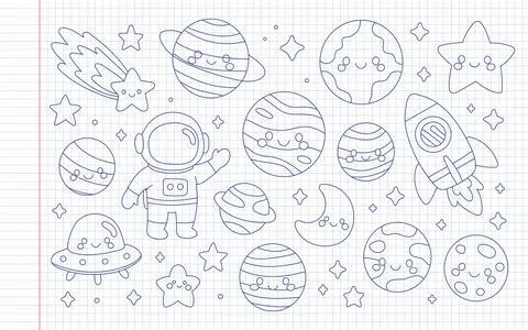 Space doodles include planet, astronaut, rocket, star and moon in notebook Stock Illustration