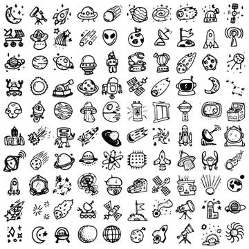 Space doodles set. Astronomy. Space sketches. Shuttle Planets. Moon and stars Ilustração Stock