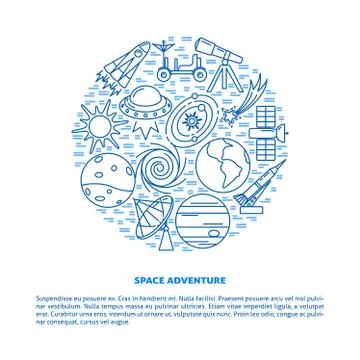 Space elements banner in line style with place for text Stock Illustration