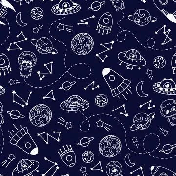 Space elements in doodle style seamless pattern on dark background, planets,  Illustrazione stock