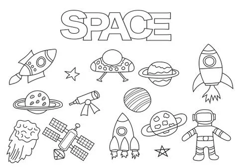 Space elements hand drawn set. Coloring book template.  Outline doodle Stock Illustration
