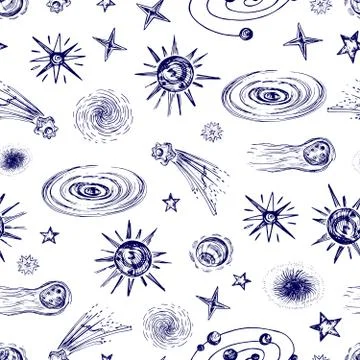 Space elements, planets, stars, asteroids seamless pattern Stock Illustration