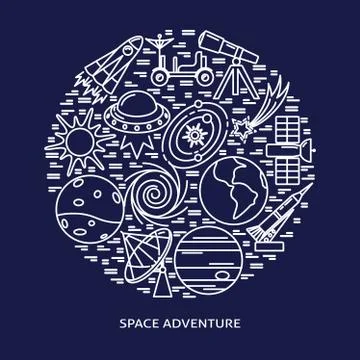 Space elements round concept banner in line style with place for text Stock Illustration