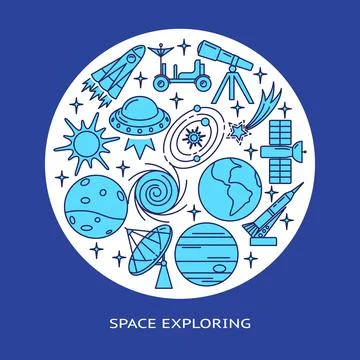 Space elements round concept banner in line style with place for text Stock Illustration
