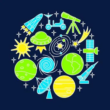 Space elements round concept banner in line style Stock Illustration