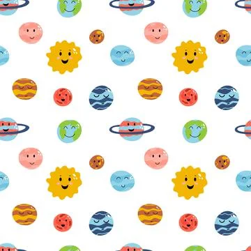 Space elements seamless pattern in cartoon flat childish style. Vector Illustrazione stock