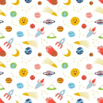Space elements seamless pattern in cartoon flat childish style. Vector Illustrazione stock