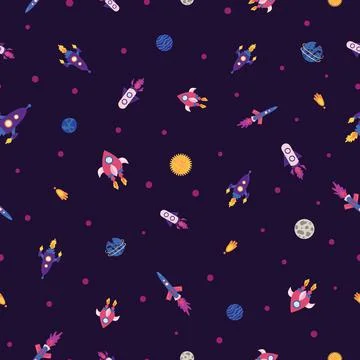 Space elements seamless pattern with cartoon spaceship, rockets, planets イラスト素材