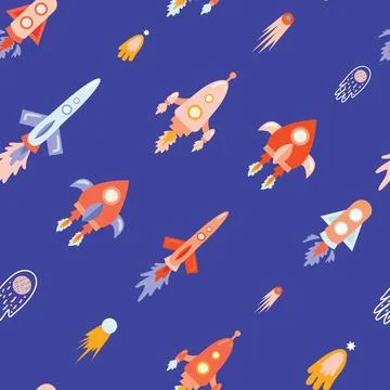 Space elements seamless pattern with cartoon spaceship, rockets, comet, Stock Illustration