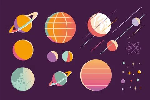 Space elements set with planets and stars. Retro futurism, 80s vibe. Trendy.. Stock Illustration