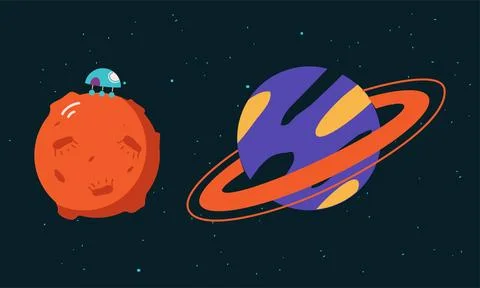 Space elements set. Solar system planets and rover cartoon vector illustration Stock Illustration