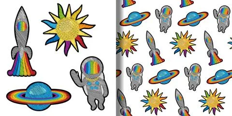 Space Embroidery Patch set and seamless pattern Stock Illustration