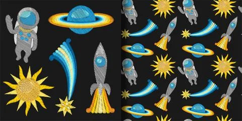 Space Embroidery Patch set and seamless pattern Stock Illustration