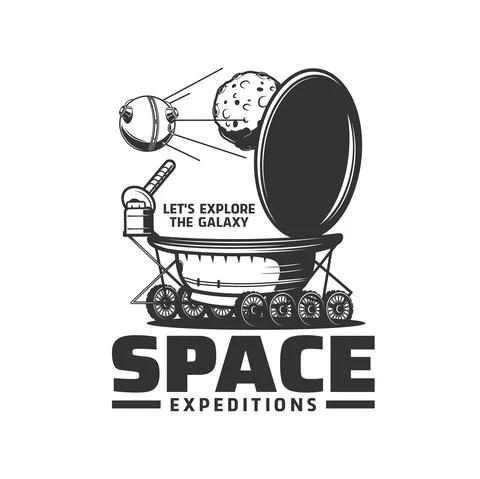 Space expedition icon, Moon planet and lunar rover Stock Illustration