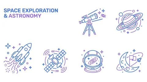 Space exploration and astronomy gradient icon set with exploration, astronomy Stock Illustration