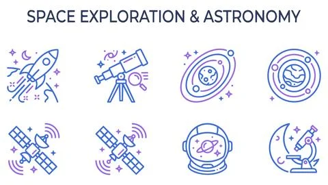 Space exploration and astronomy linear icon collection with exploration Stock Illustration