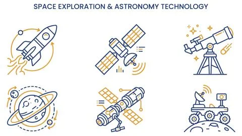 Space exploration and astronomy technology icons set with astronomy, explor.. Stock Illustration