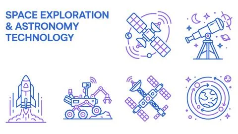 Space exploration and astronomy technology icons with outer space, suit Illustrazione stock