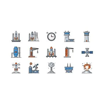 Space exploration and rocket launch technology icon collection Stock Illustration